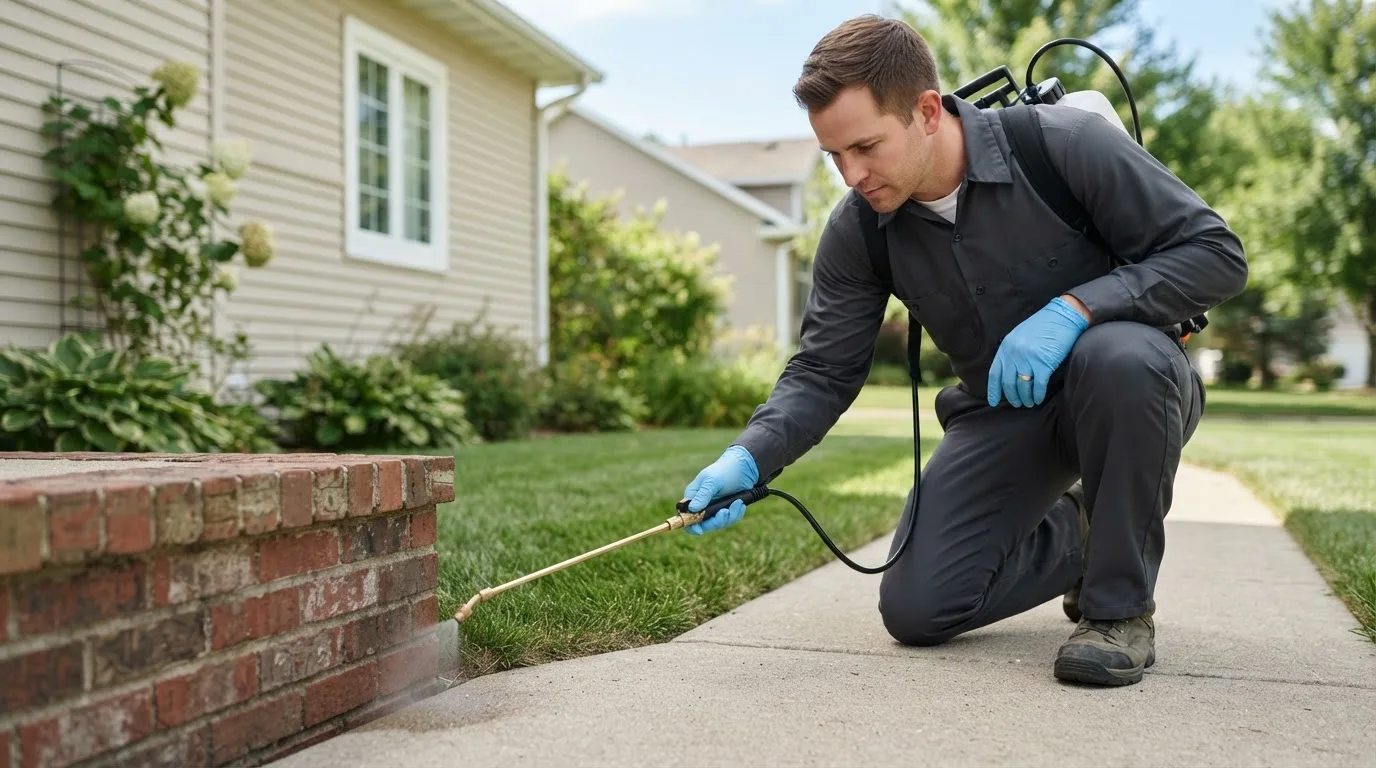 Pest control technician treating a home near Herrin, IL