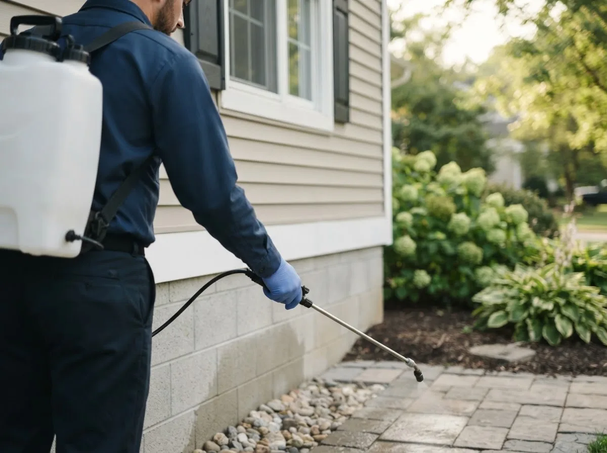 Pest control technician inspecting a home in Herrin, IL